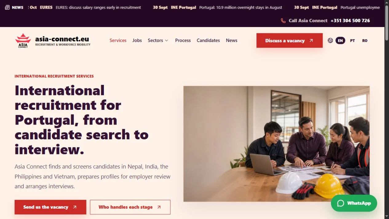 Asia Connect Europe: Pagina serviciilor de recrutare
