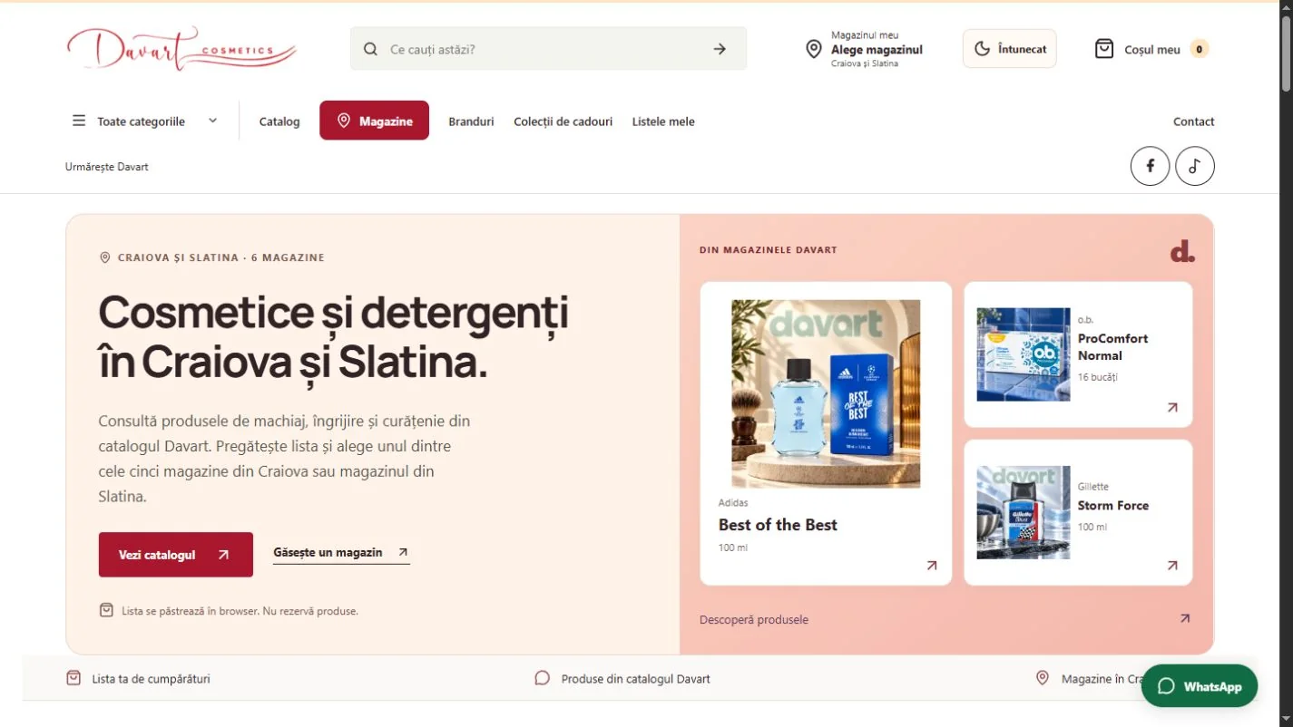 Davart: pagina principală pe desktop